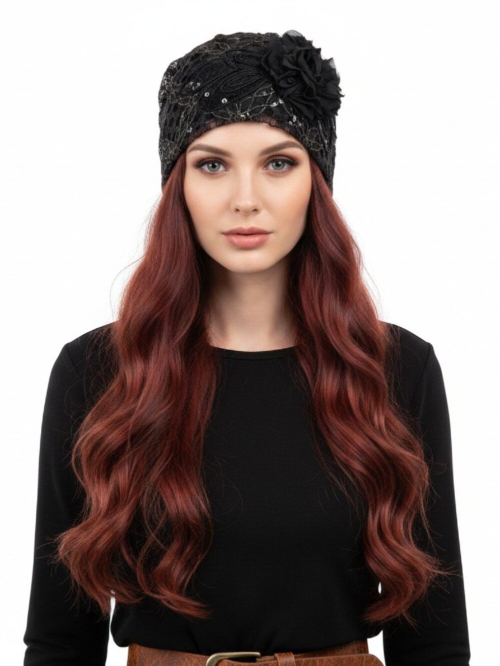 Black Lace Floral Sequin Lace Beanie Cap - NWT